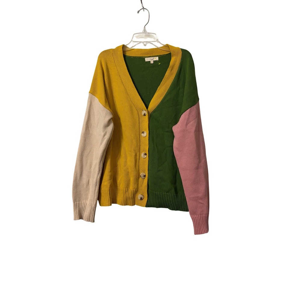 Easel Los Angeles Colorblock Button Front Cardigan Sweater Green Yellow Pink M